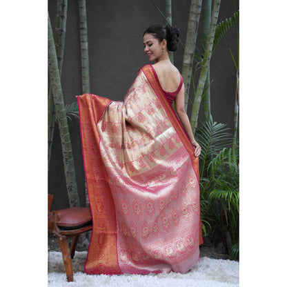 Isadora Life Womens Floral Zari Beige Pre-Draped Saree With Unstitched Blouse