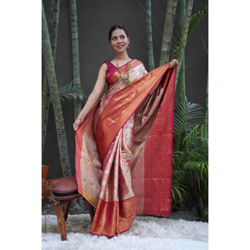 Isadora Life Womens Floral Zari Beige Pre-Draped Saree With Unstitched Blouse
