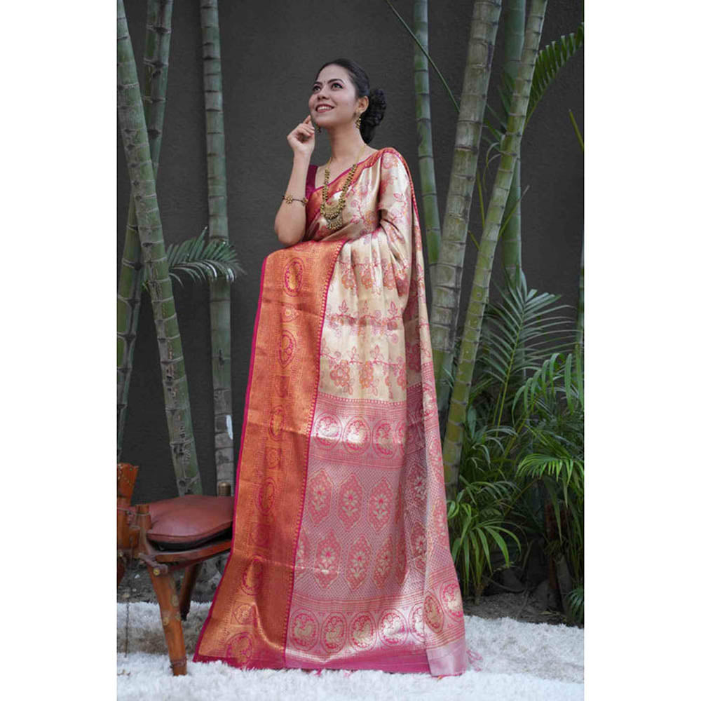 Isadora Life Womens Floral Zari Beige Pre-Draped Saree With Unstitched Blouse