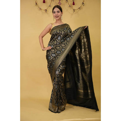 Isadora Life Womens Woven Zari Black Pre-Draped Saree With Unstitched Blouse