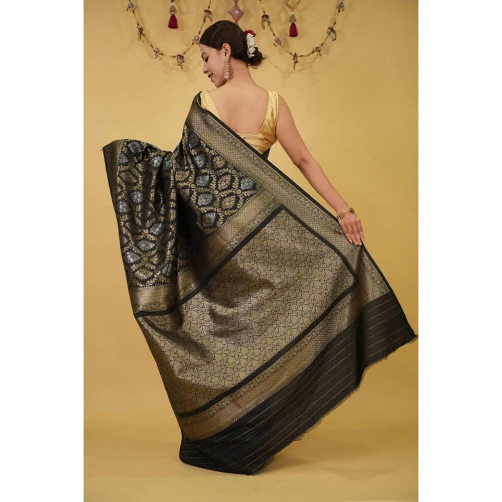 Isadora Life Womens Woven Zari Black Pre-Draped Saree With Unstitched Blouse