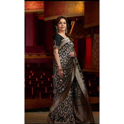 Isadora Life Womens Woven Zari Black Pre-Draped Saree With Unstitched Blouse
