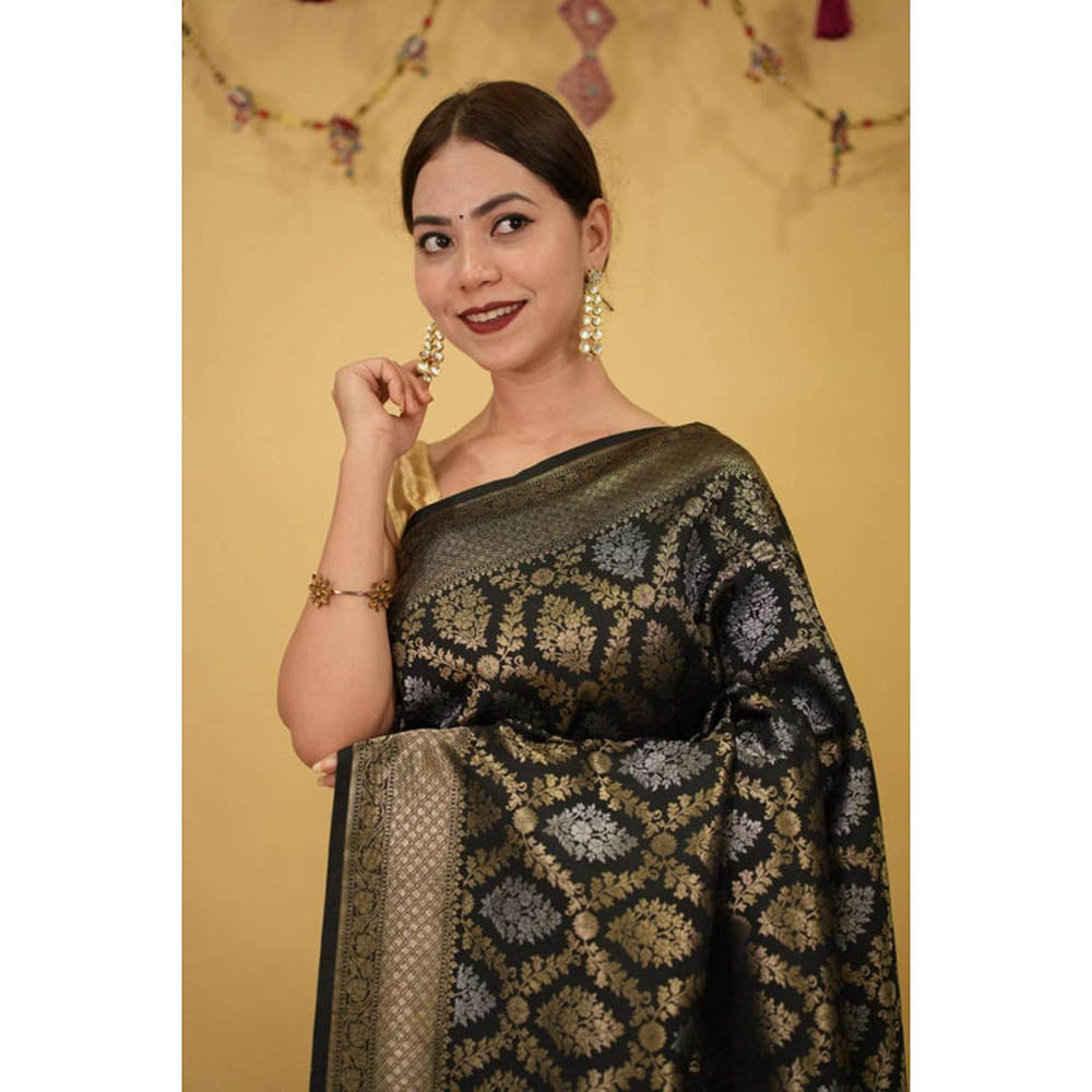 Isadora Life Womens Woven Zari Black Pre-Draped Saree With Unstitched Blouse