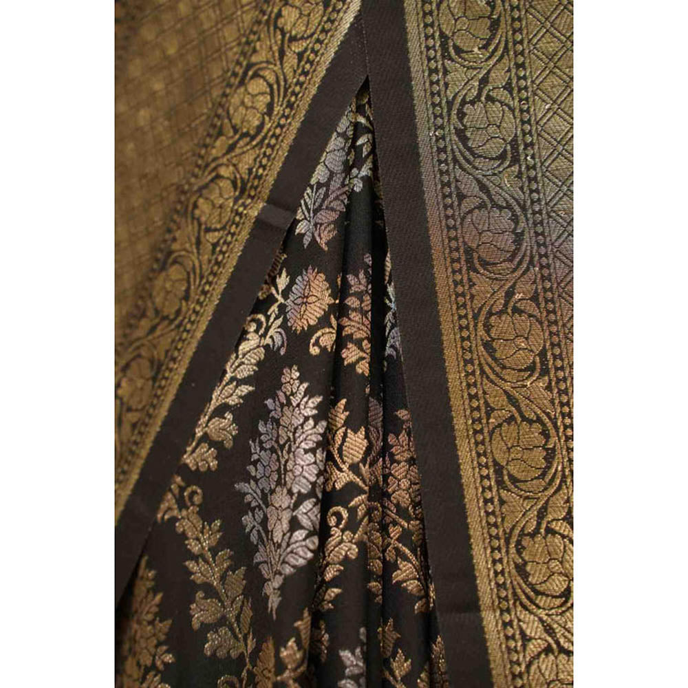 Isadora Life Womens Woven Zari Black Pre-Draped Saree With Unstitched Blouse
