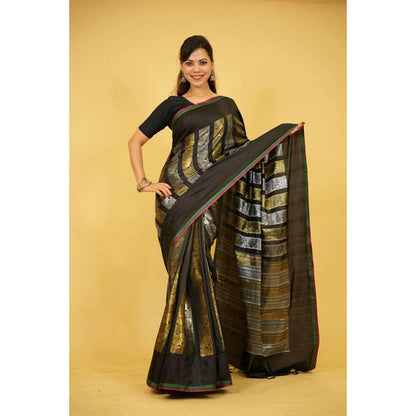 Isadora Life Womens Woven Zari Black Pre-Draped Saree With Unstitched Blouse