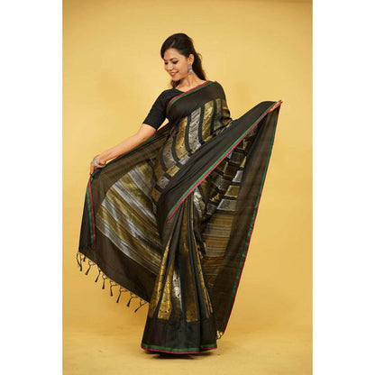 Isadora Life Womens Woven Zari Black Pre-Draped Saree With Unstitched Blouse