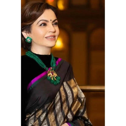 Isadora Life Womens Woven Zari Black Pre-Draped Saree With Unstitched Blouse