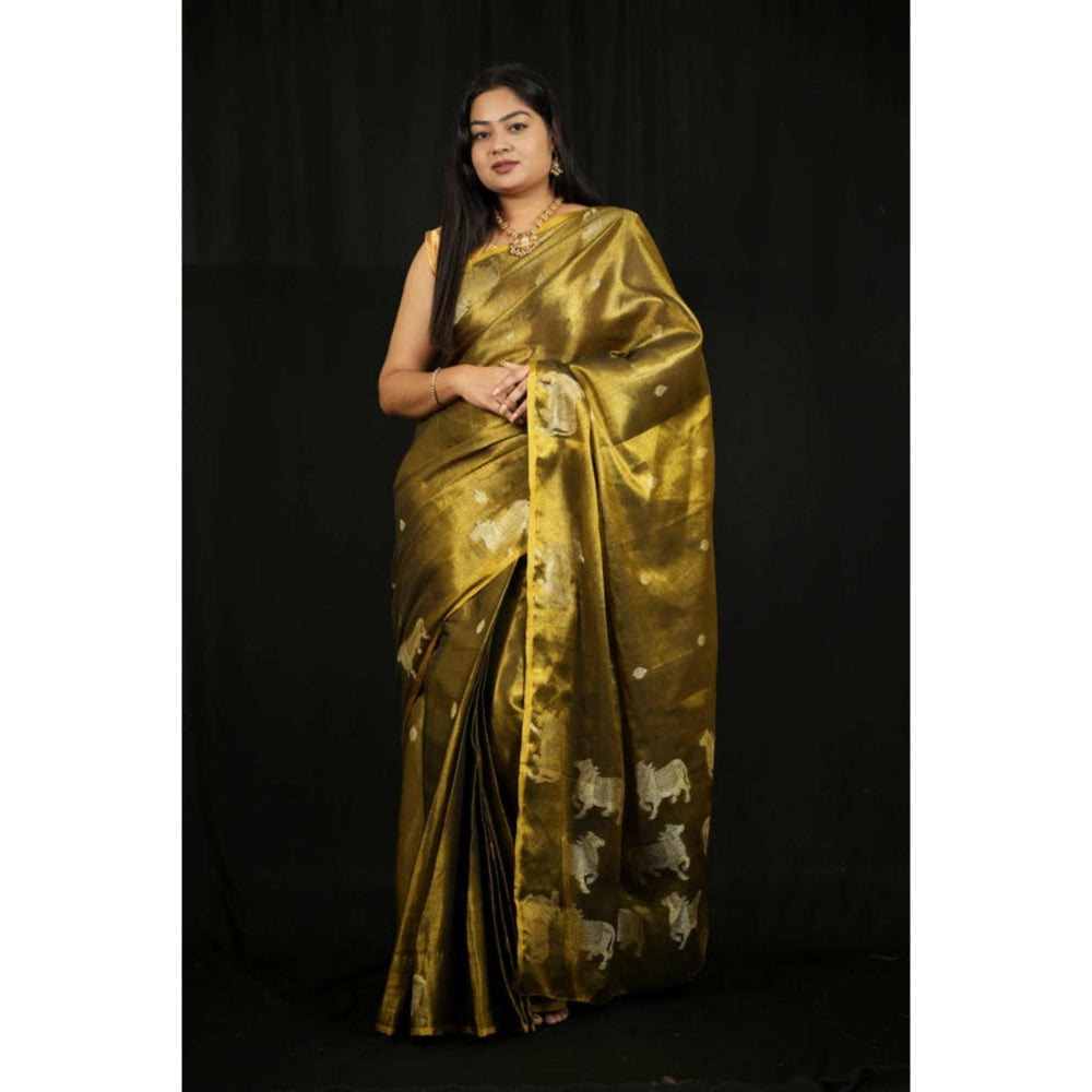Isadora Life Womens Woven Zari Green Pre-Draped Saree With Unstitched Blouse