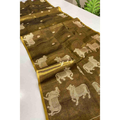 Isadora Life Womens Woven Zari Green Pre-Draped Saree With Unstitched Blouse