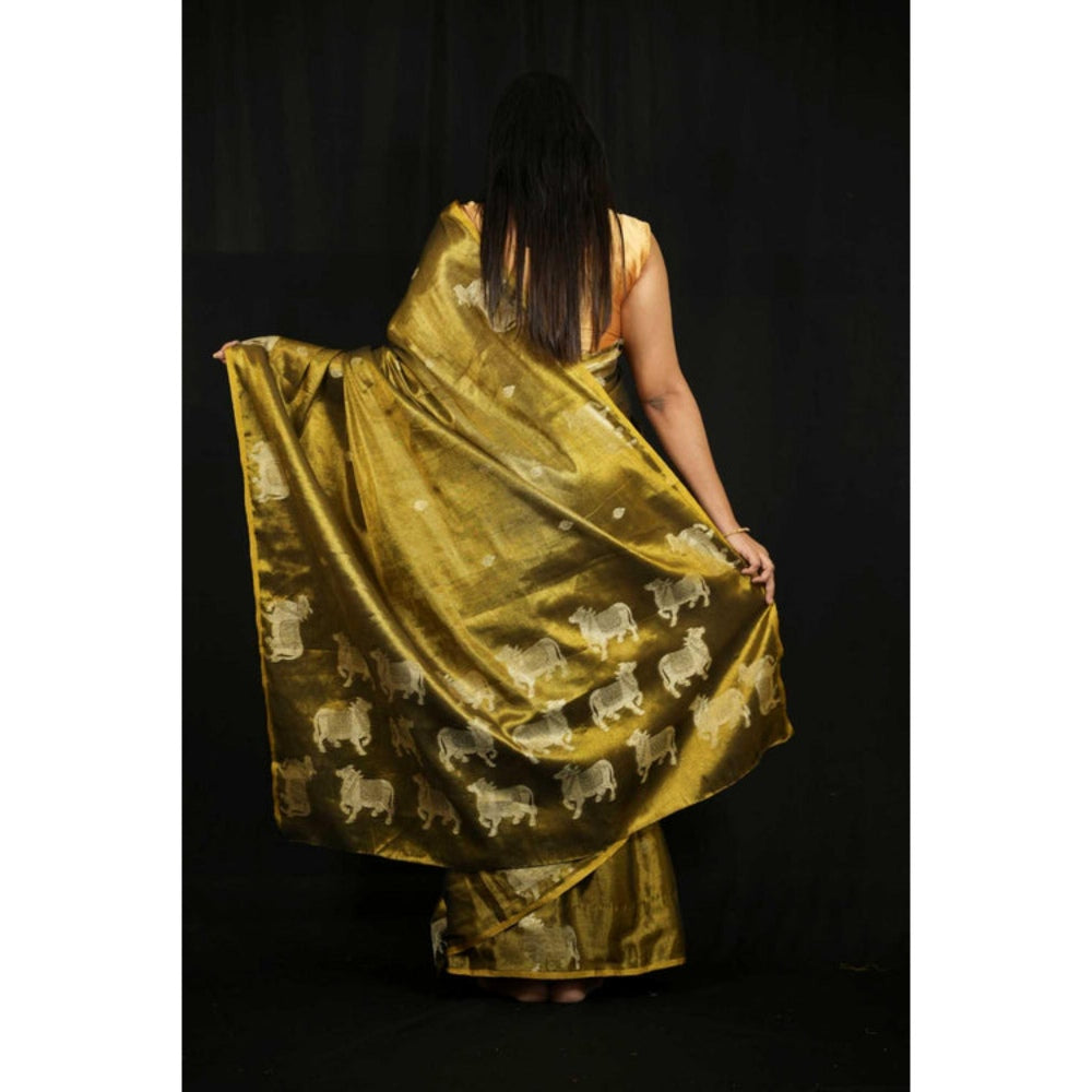 Isadora Life Womens Woven Zari Green Pre-Draped Saree With Unstitched Blouse