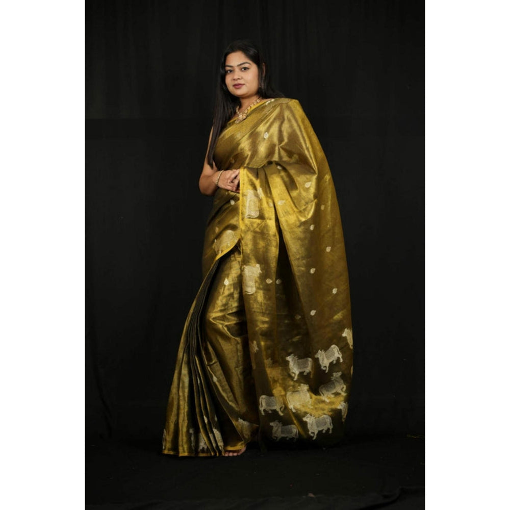 Isadora Life Womens Woven Zari Green Pre-Draped Saree With Unstitched Blouse