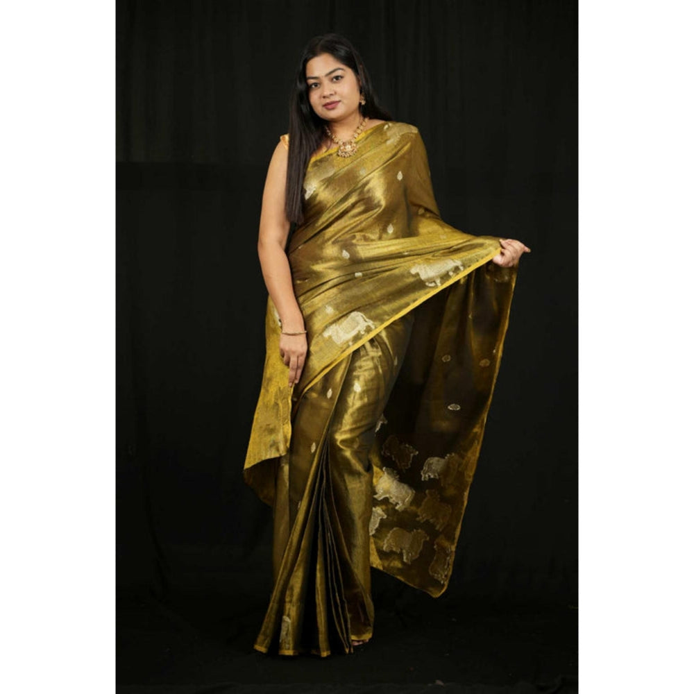 Isadora Life Womens Woven Zari Green Pre-Draped Saree With Unstitched Blouse