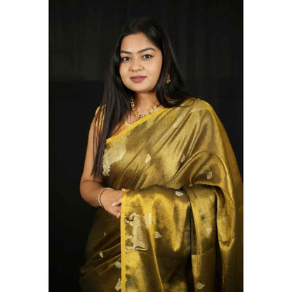 Isadora Life Womens Woven Zari Green Pre-Draped Saree With Unstitched Blouse