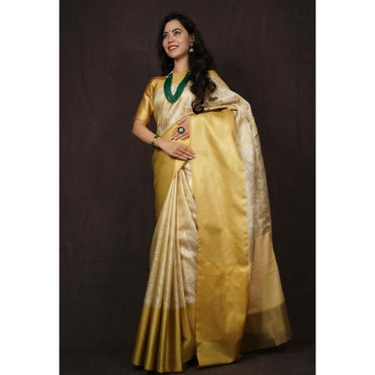 Isadora Life Womens Woven Zari Ivory Pre-Draped Saree With Unstitched Blouse
