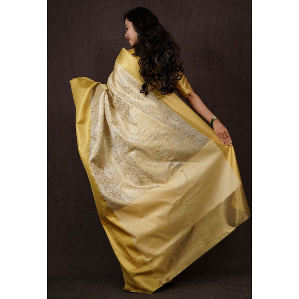 Isadora Life Womens Woven Zari Ivory Pre-Draped Saree With Unstitched Blouse