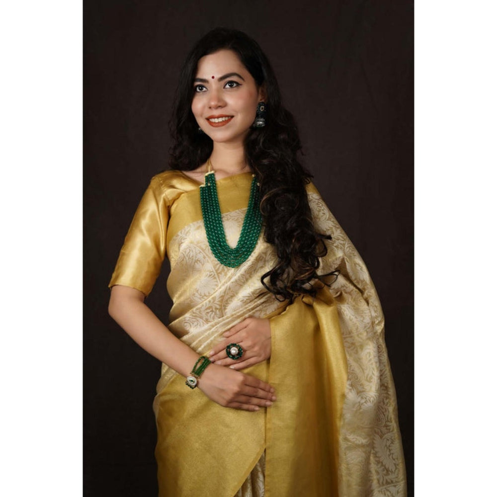 Isadora Life Womens Woven Zari Ivory Pre-Draped Saree With Unstitched Blouse