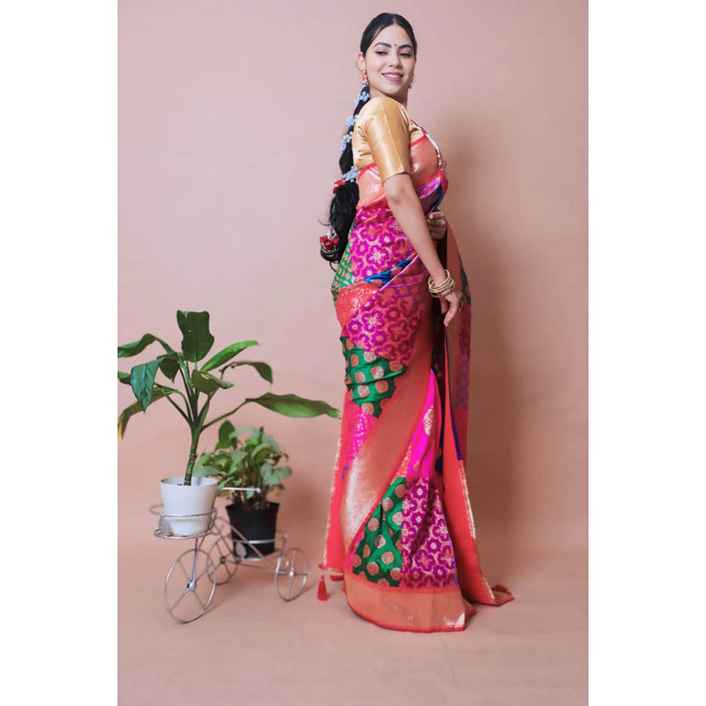 Isadora Life Womens Printed Tassels Multi-Color Pre-Draped Saree With Unstitched Blouse