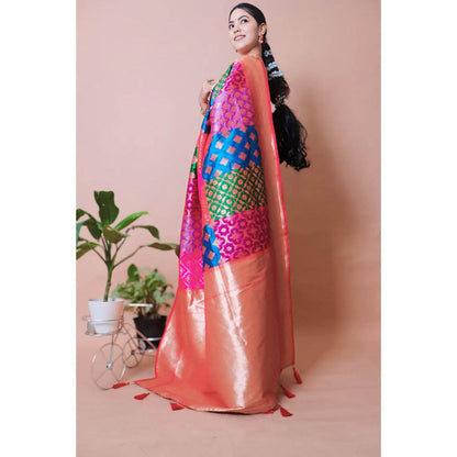 Isadora Life Womens Printed Tassels Multi-Color Pre-Draped Saree With Unstitched Blouse