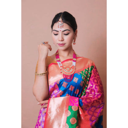 Isadora Life Womens Printed Tassels Multi-Color Pre-Draped Saree With Unstitched Blouse