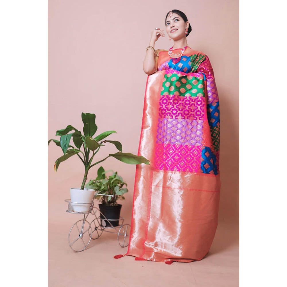 Isadora Life Womens Printed Tassels Multi-Color Pre-Draped Saree With Unstitched Blouse