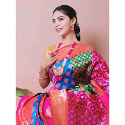 Isadora Life Womens Printed Tassels Multi-Color Pre-Draped Saree With Unstitched Blouse