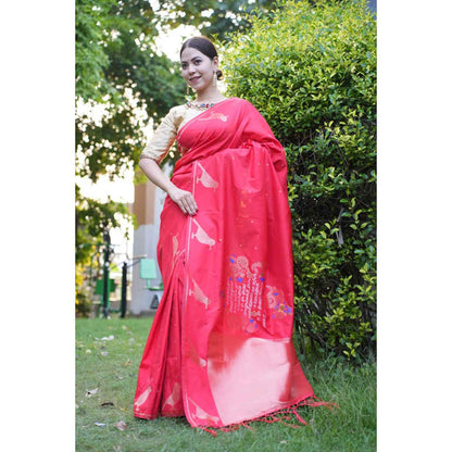 Isadora Life Womens Printed Tassels Red Pre-Draped Saree With Unstitched Blouse