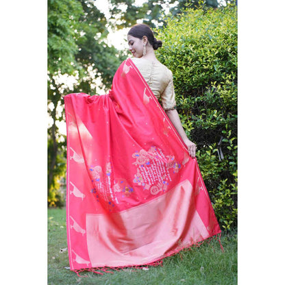 Isadora Life Womens Printed Tassels Red Pre-Draped Saree With Unstitched Blouse