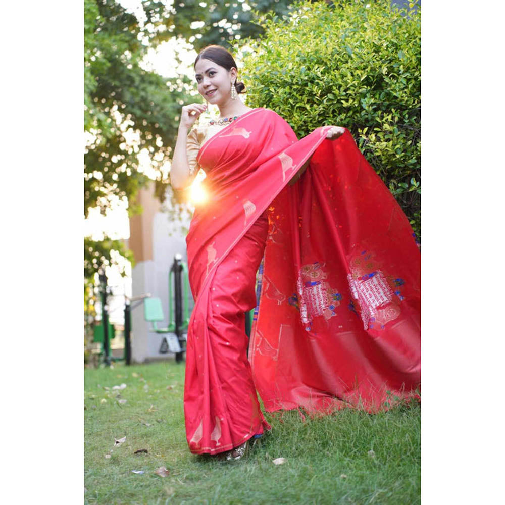 Isadora Life Womens Printed Tassels Red Pre-Draped Saree With Unstitched Blouse
