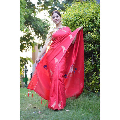 Isadora Life Womens Printed Tassels Red Pre-Draped Saree With Unstitched Blouse