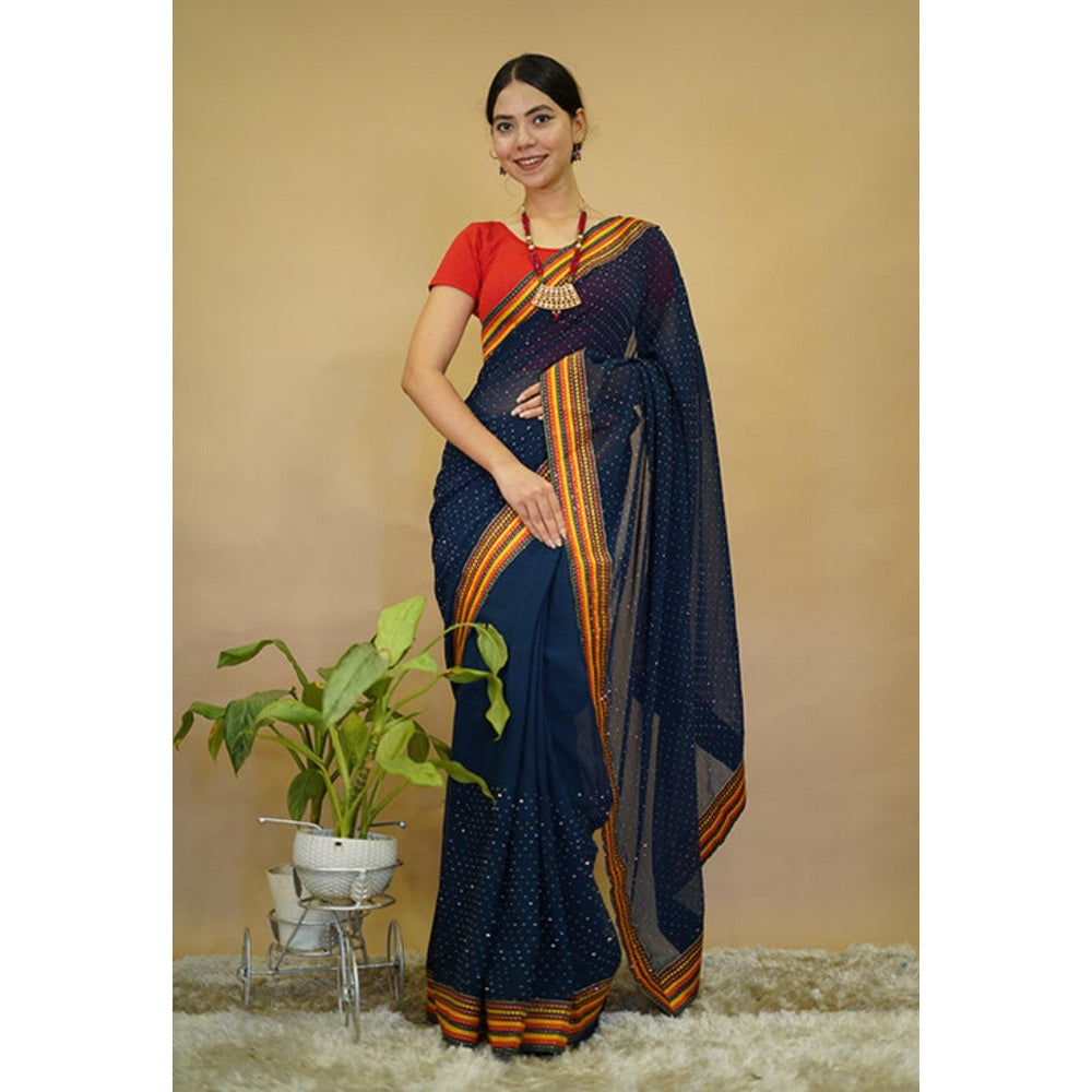 Isadora Life Womens Embroidered Sequined Navy Blue Pre-Draped Saree With Unstitched Blouse
