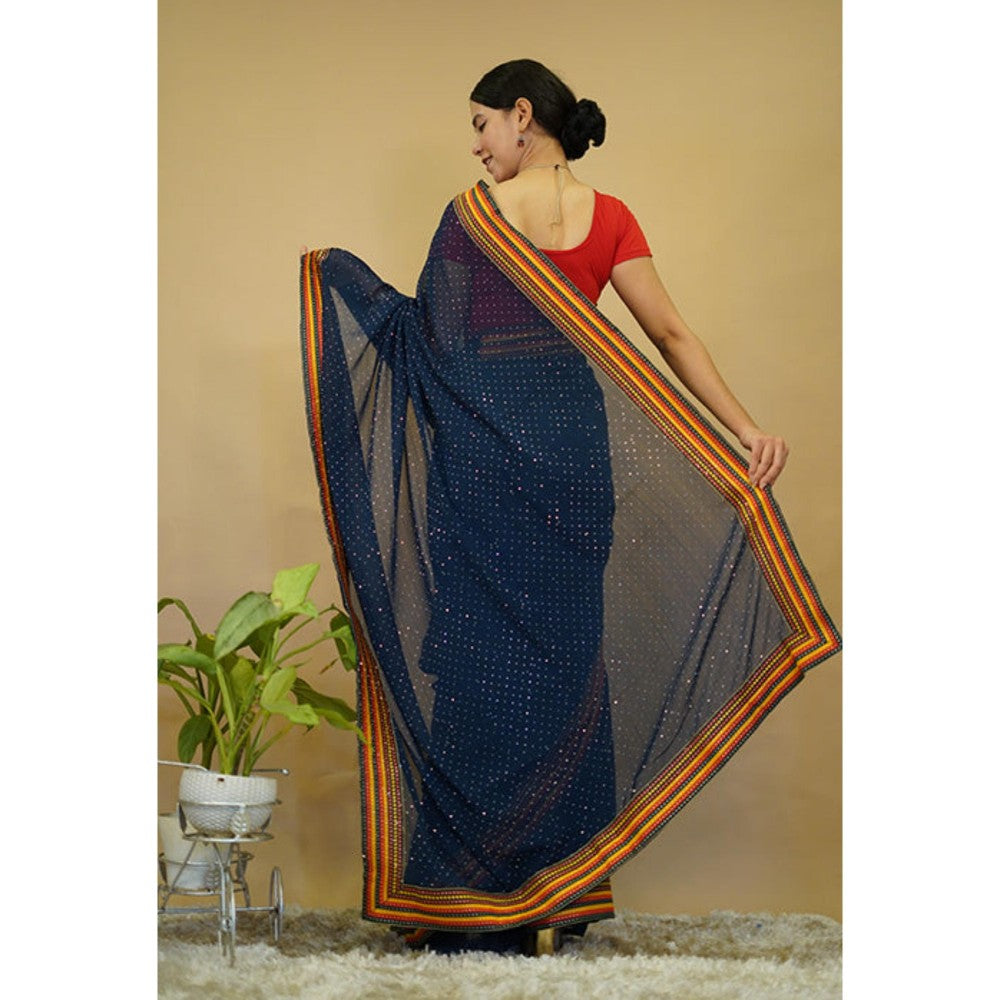 Isadora Life Womens Embroidered Sequined Navy Blue Pre-Draped Saree With Unstitched Blouse