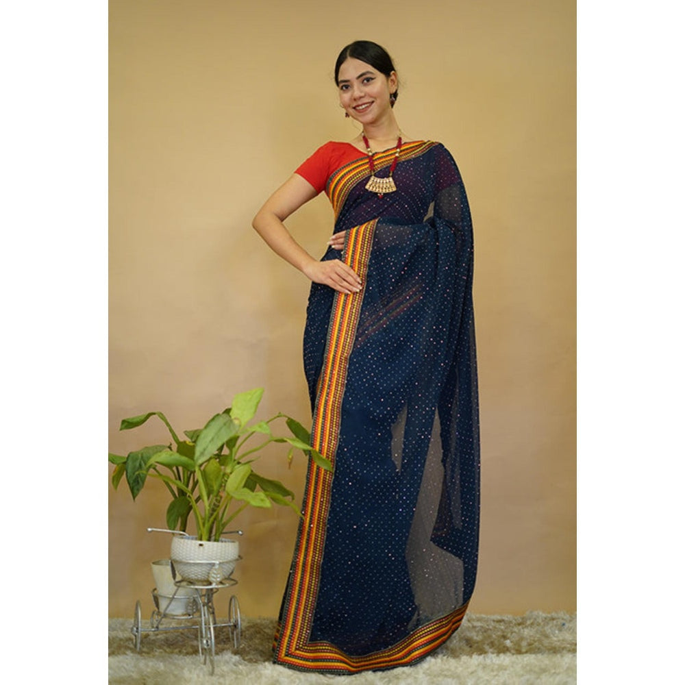 Isadora Life Womens Embroidered Sequined Navy Blue Pre-Draped Saree With Unstitched Blouse