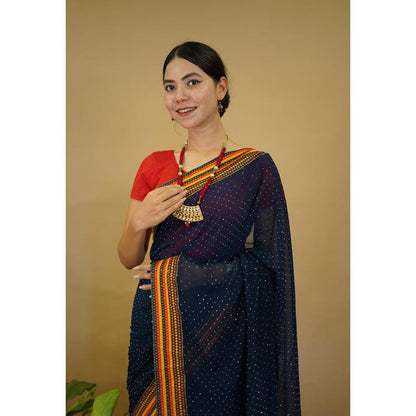 Isadora Life Womens Embroidered Sequined Navy Blue Pre-Draped Saree With Unstitched Blouse