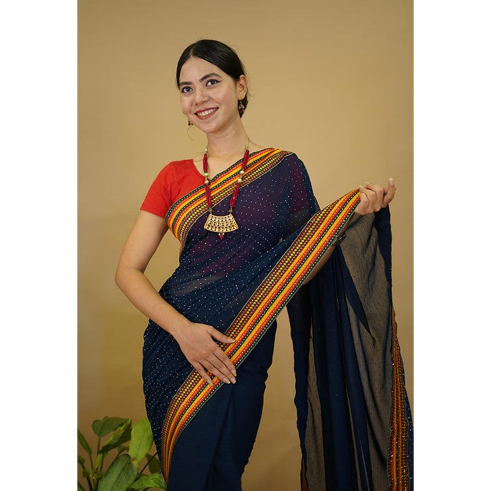 Isadora Life Womens Embroidered Sequined Navy Blue Pre-Draped Saree With Unstitched Blouse