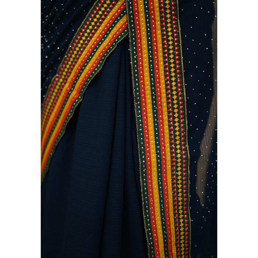 Isadora Life Womens Embroidered Sequined Navy Blue Pre-Draped Saree With Unstitched Blouse