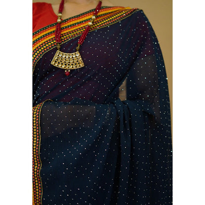 Isadora Life Womens Embroidered Sequined Navy Blue Pre-Draped Saree With Unstitched Blouse