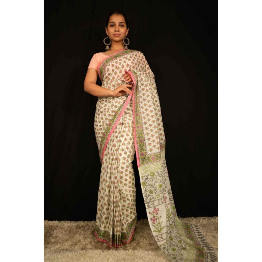 Isadora Life Womens Floral Printed Beige Pre-Draped Saree With Unstitched Blouse