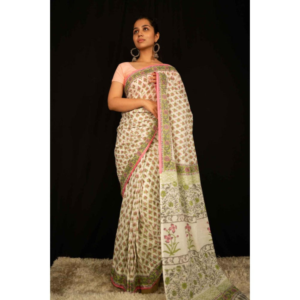 Isadora Life Womens Floral Printed Beige Pre-Draped Saree With Unstitched Blouse