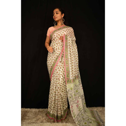Isadora Life Womens Floral Printed Beige Pre-Draped Saree With Unstitched Blouse