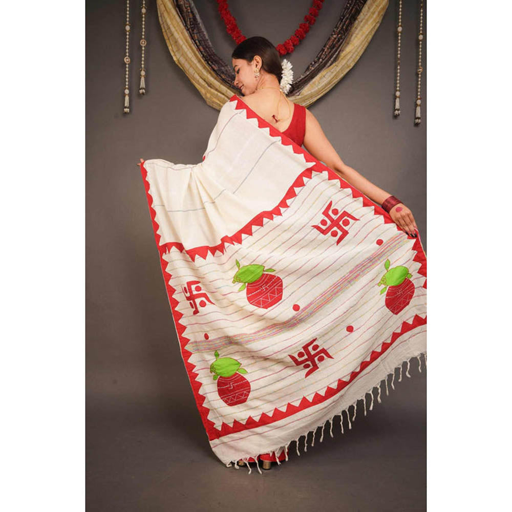 Isadora Life Womens Printed Tassels Beige Pre-Draped Saree With Unstitched Blouse