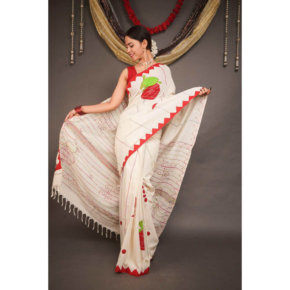 Isadora Life Womens Printed Tassels Beige Pre-Draped Saree With Unstitched Blouse