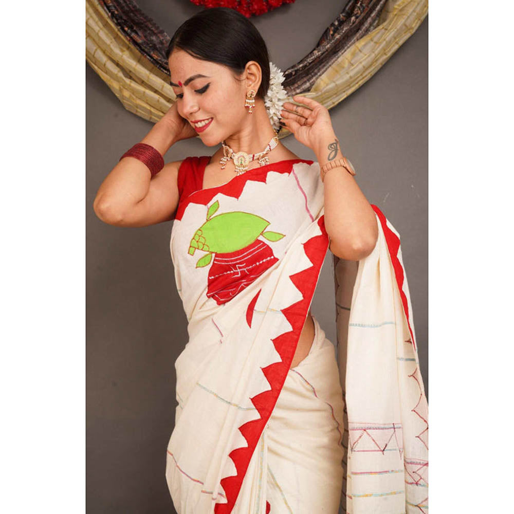 Isadora Life Womens Printed Tassels Beige Pre-Draped Saree With Unstitched Blouse