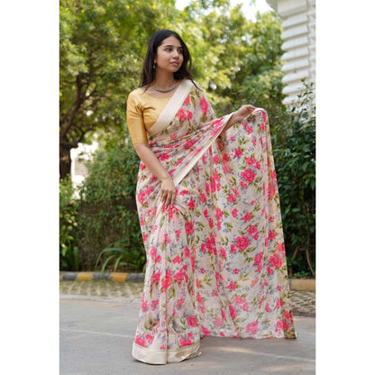 Isadora Life Womens Floral Printed Beige Pre-Draped Saree With Unstitched Blouse