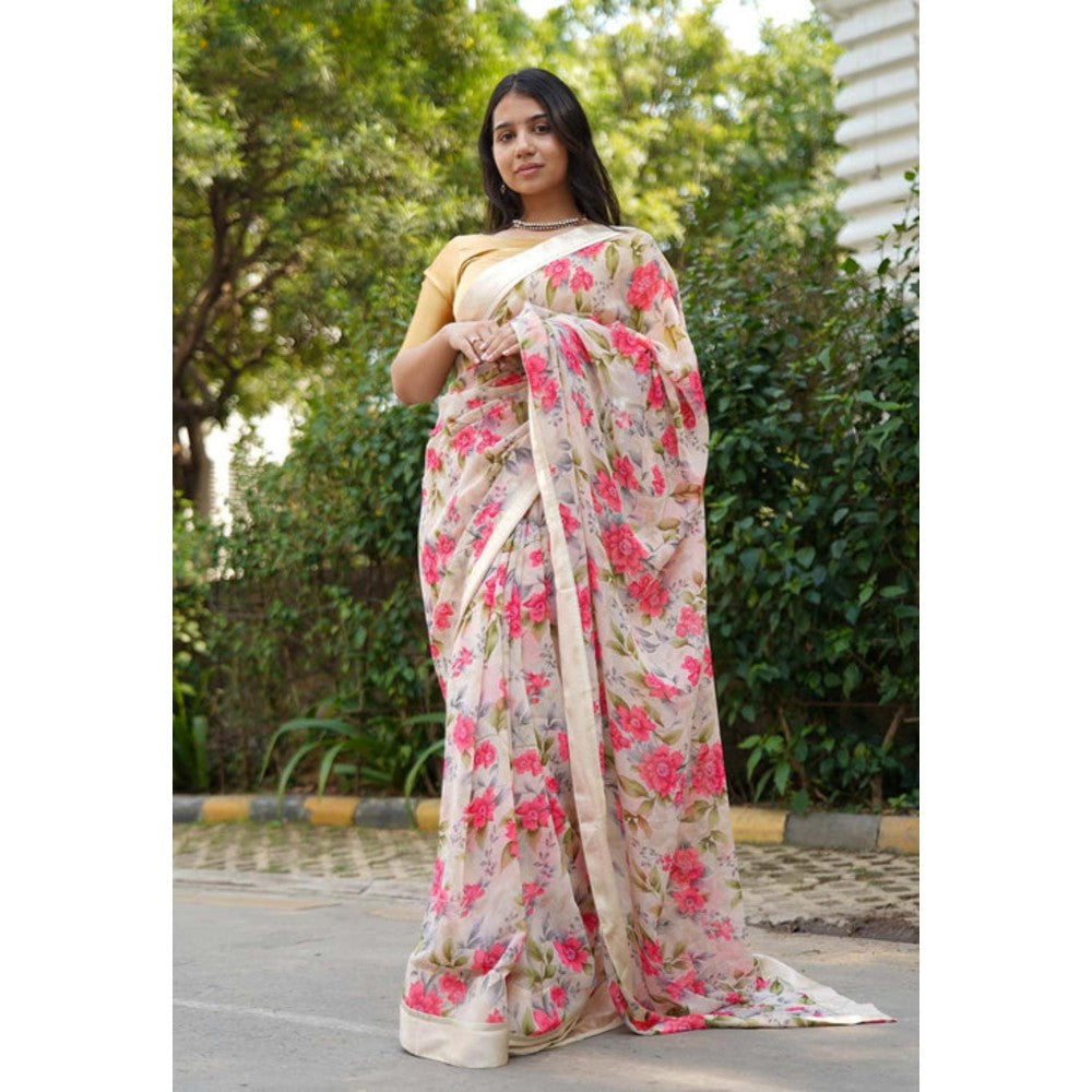 Isadora Life Womens Floral Printed Beige Pre-Draped Saree With Unstitched Blouse