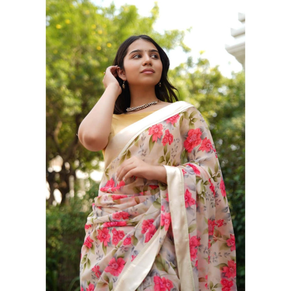 Isadora Life Womens Floral Printed Beige Pre-Draped Saree With Unstitched Blouse