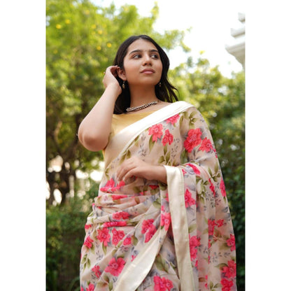 Isadora Life Womens Floral Printed Beige Pre-Draped Saree With Unstitched Blouse