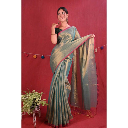 Isadora Life Womens Woven Zari Green Pre-Draped Saree With Unstitched Blouse