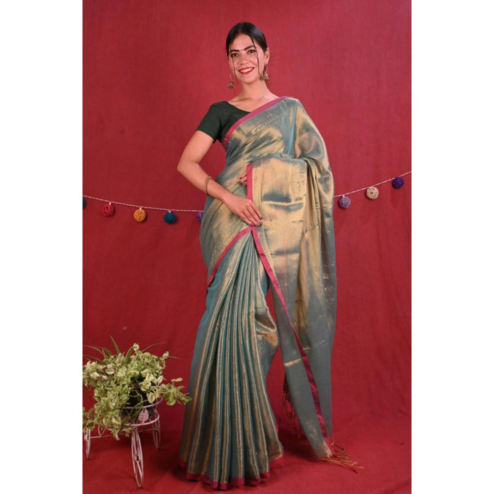 Isadora Life Womens Woven Zari Green Pre-Draped Saree With Unstitched Blouse