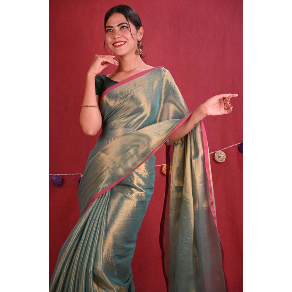Isadora Life Womens Woven Zari Green Pre-Draped Saree With Unstitched Blouse