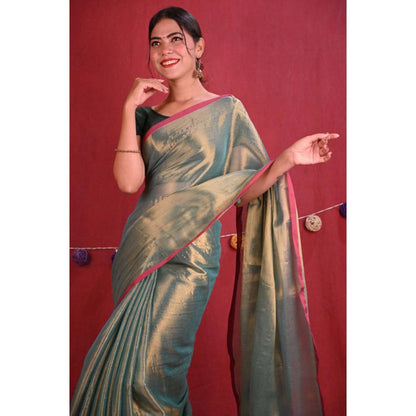 Isadora Life Womens Woven Zari Green Pre-Draped Saree With Unstitched Blouse